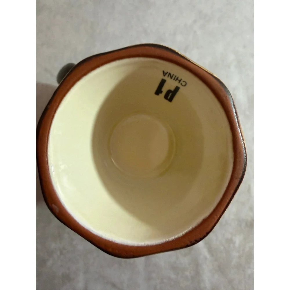 Pier 1 P1 Ceramic Pedestal Mug Brown Glazed Scrollwork‎ Footed Coffee Cup